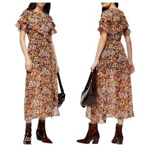 Topshop Ruffle Pansy Print Midi Dress, size 6